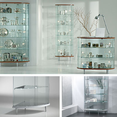 FAY TOWER FRAMLESS GLASS DISPLAY CABINET FAUX LEATHER 93cm WIDE Glass