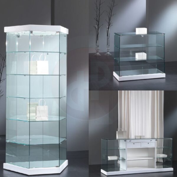 FAY TOWER FRAMLESS GLASS DISPLAY CABINET WITH STORAGE BASE 93cm WIDE