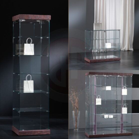 FAY TOWER FRAMLESS GLASS DISPLAY CABINET WITH RAIL FLUX LEATHER 93cm