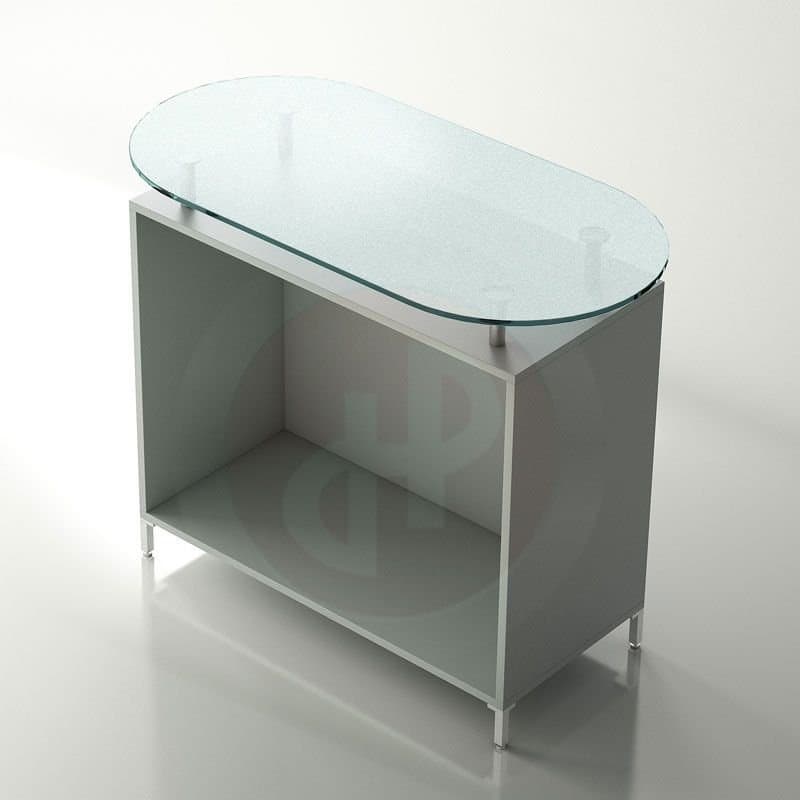 Aqua solid retail counter with oval glass top 120cm wide