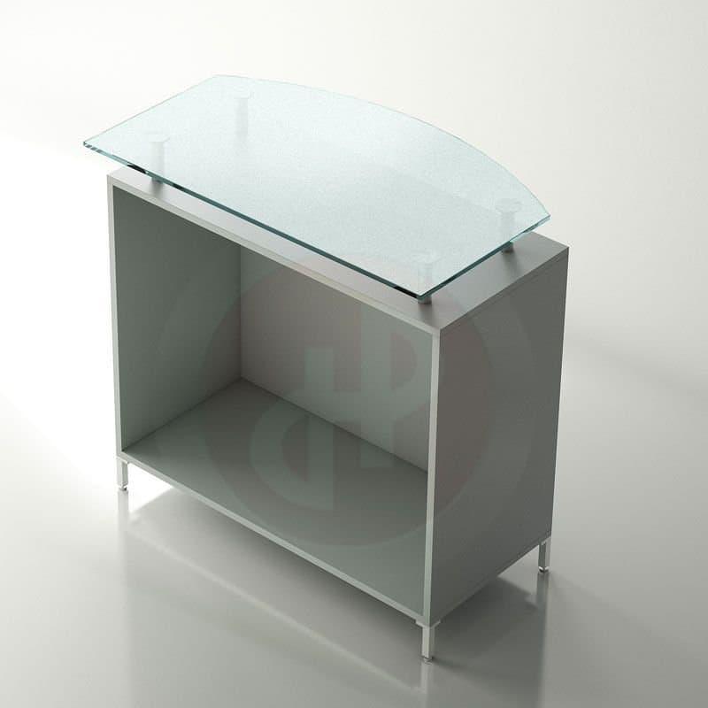 Aqua solid retail counter with ovel front glass 500cm wide