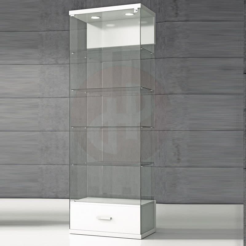 Quadram all glass showcase with top light and storage 60cm wide — image 1