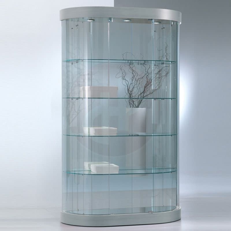 Curved 2 tall oval glass showcases 112cm wide