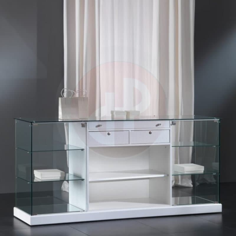 Fay glass with wood pull out drawer counter faux leather 183cm wide — image 1