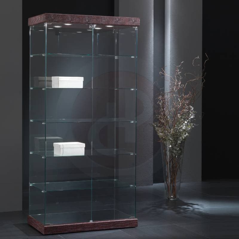Fay tower framless glass display cabinet with storage base flux leather 93cm wide