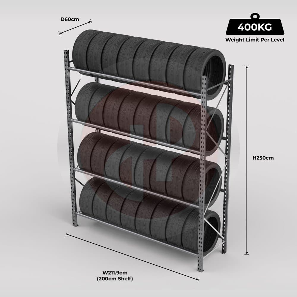 Tyre Racking System 250 x 60 x 200cm H with 4 levels