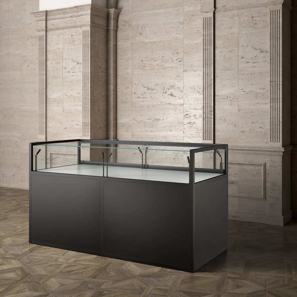 Museum display showcase with storage cabinet and 8 LED spotlights 180cm wide — image 1