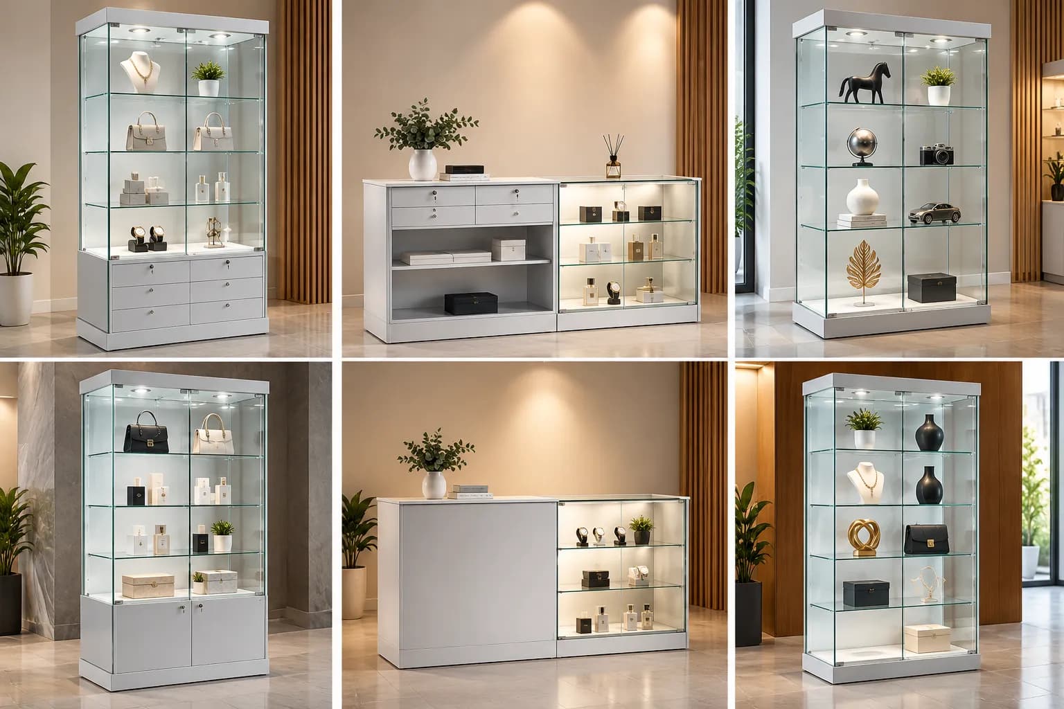 Modern glass display cabinets and retail counters in a showroom