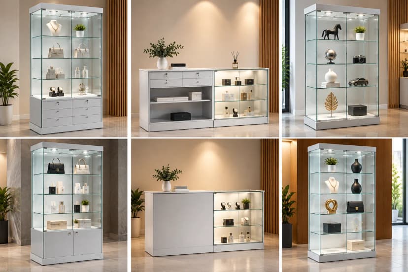 Modern glass display cabinets and retail counters in a showroom