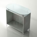 Aqua solid retail counter with oval glass top 120cm wide