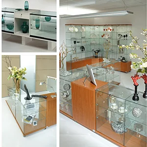 Modern glass display cabinet with LED lighting in a retail jewelry store